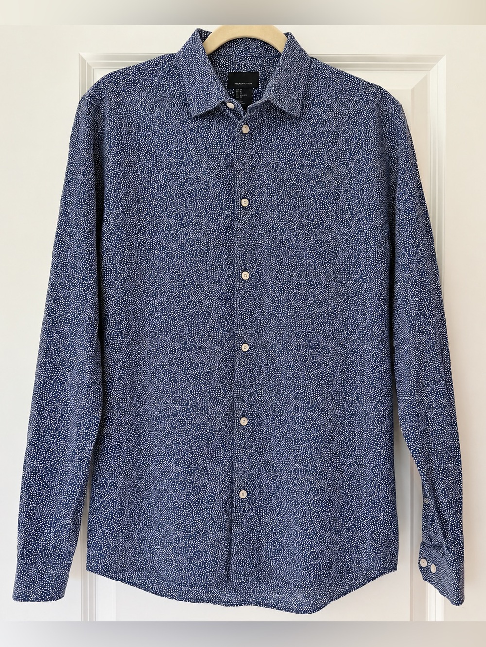 H&M Navy and White Men’s Microdot Premium Cotton Button-Down Shirt